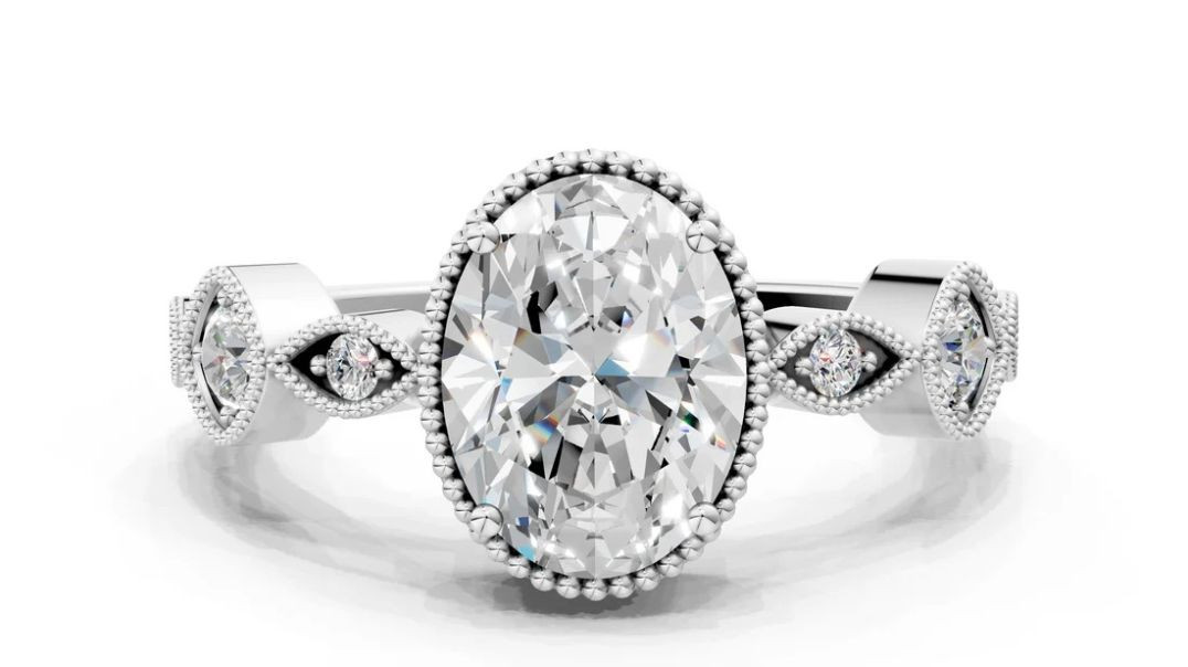 White gold Oval Cut Diamond Vintage Milgrain Ring with Round Stations