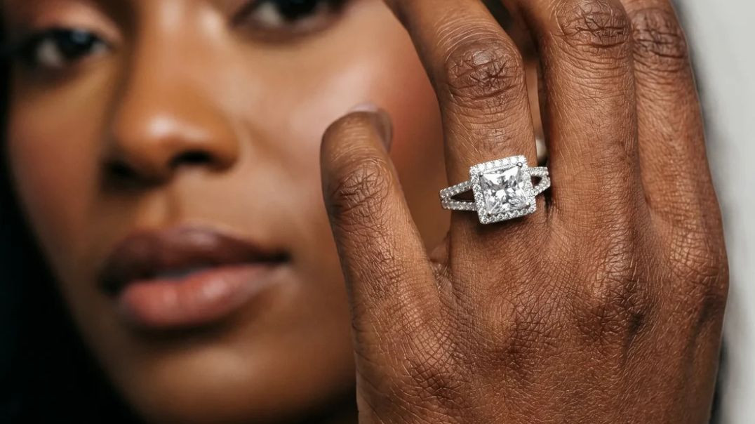 White gold Princess Cut Diamond Halo Split Shank Engagement Ring