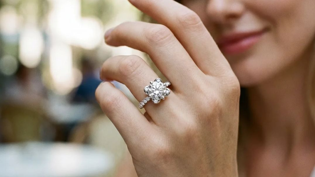White gold Round Cut Diamond Ring with Pavé Band and Floral Prong Setting